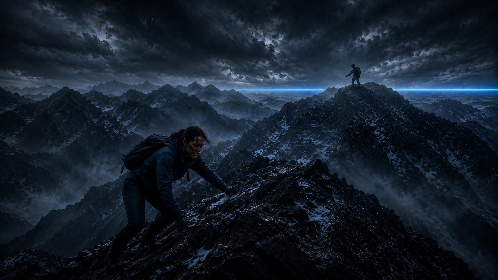 A woman climbing a rugged mountain ridge toward a tactical operator standing on a distant summit at dusk — resilience, ascent, and support